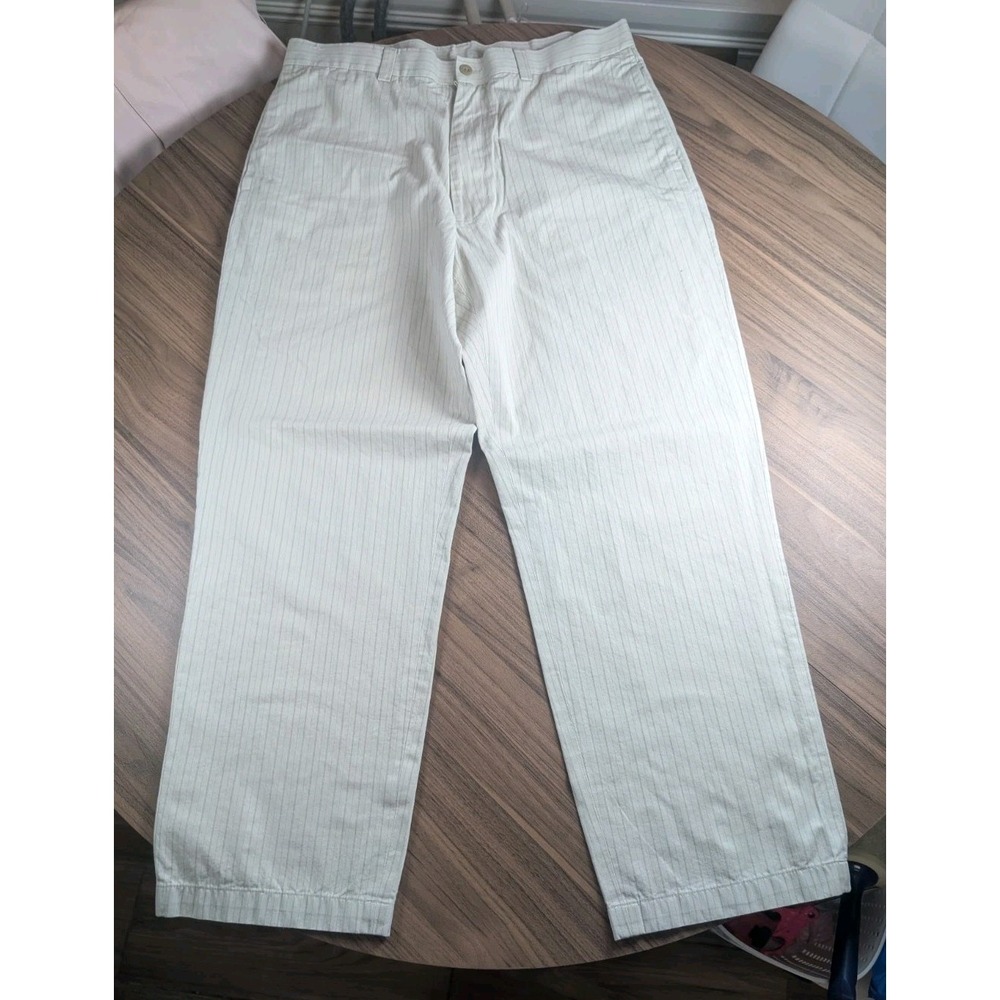 Kenneth Cole Reaction Men's 36x30 Beige Pinstripe Casual Pants Flat Front Cotton